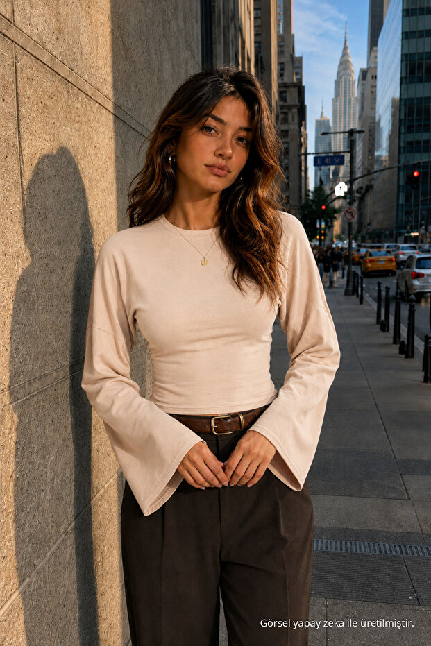 Women's Wing Sleeve Fit Textured Beige Blouse