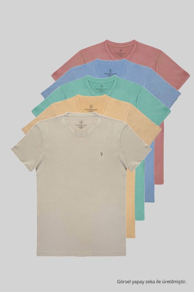 Men's 5-Pack Crew Neck 100% Cotton T-Shirt Powder-Ice-Blue-Cagla-Beige-Grey