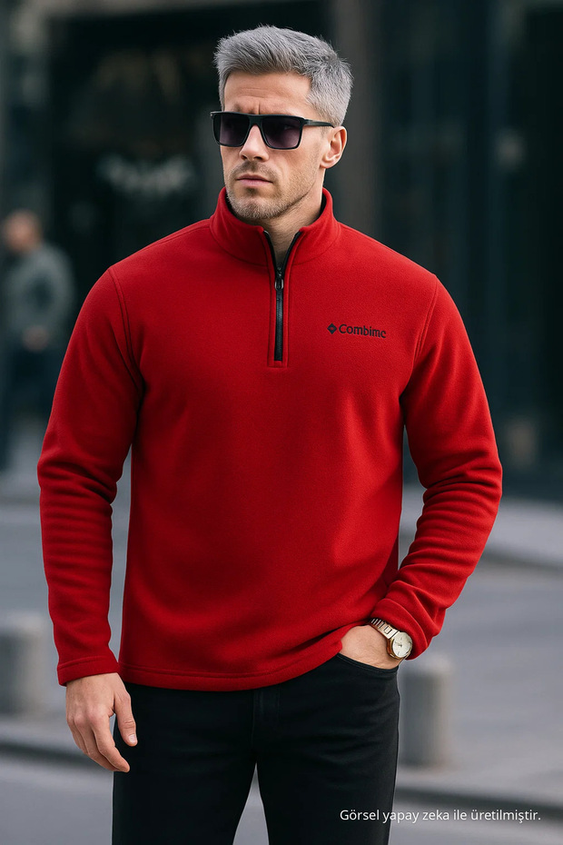 Men's Half Zipper Red Slim Fit Fleece Sweatshirt