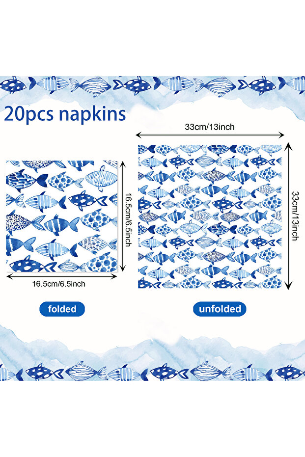 20pcs-CZJ037 20pcs 2-Ply Cute Blue Fish Guest Napkins Disposable Paper Dinner Napkins Dingroom Decor