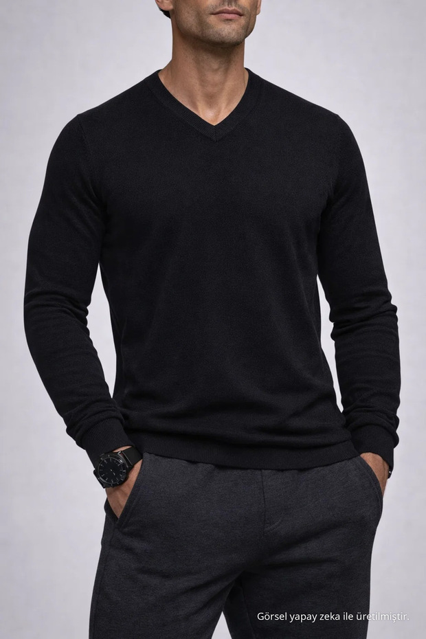 Men's Long Sleeve Loose V-Neck Black Knit Sweater