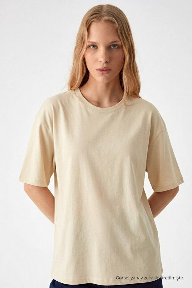 Women's Crew Neck Beige Oversized T-Shirt