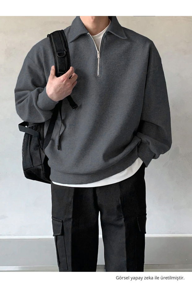 Men's Polo Neck Half Zipper Sweatshirt Smoked