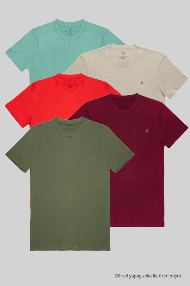 Men's Crew Neck Slim Fit Basiccagla-Grey-Red-Burgundy-Khaki Color 5-Piece T-Shirt