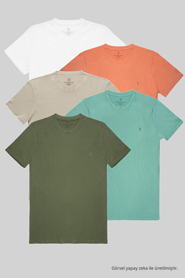Men's Crew Neck Slim Fit Basic White-Orange-Grey-Cagla-Khaki Color 5-Piece T-Shirt