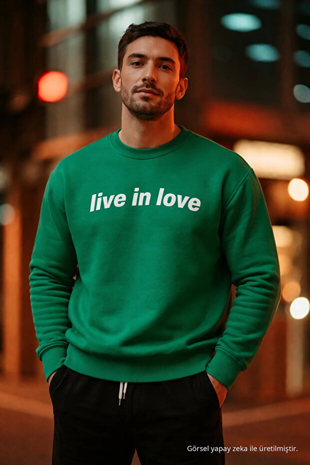 Men's Live İn Love Printed Green Sweatshirt