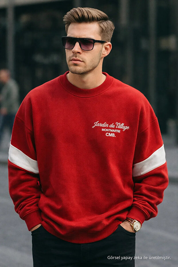 Men's Winter Printed Oversized Red Sweatshirt