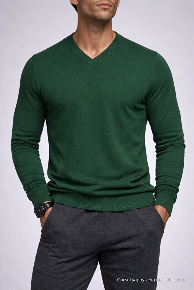 Men's Long Sleeve Loose V-Neck Green Knit Sweater