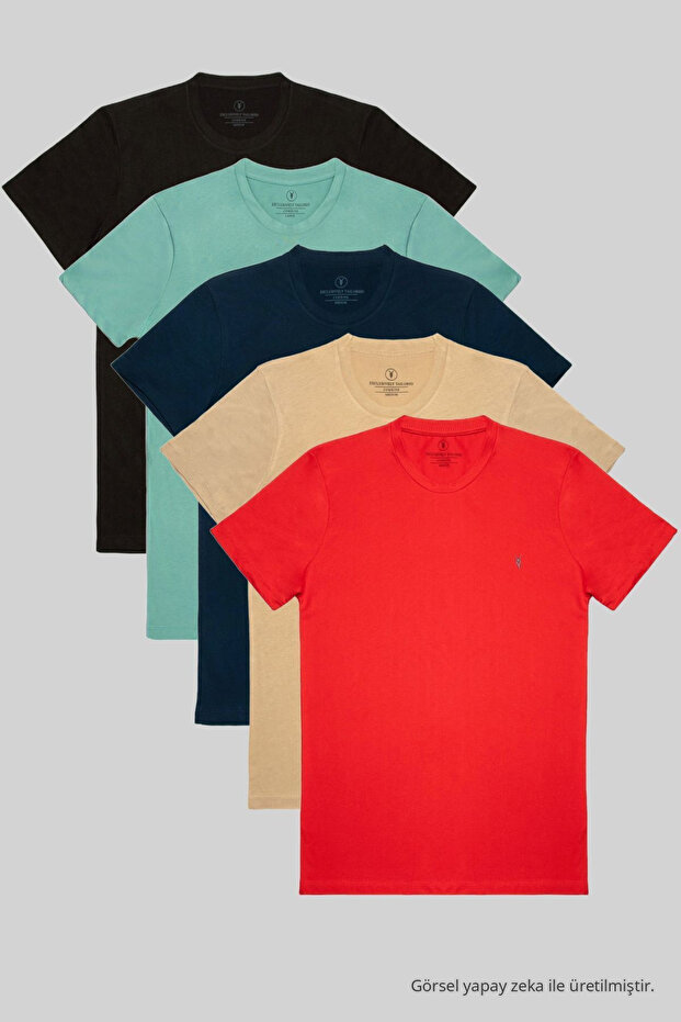Men's 100% Cotton 5-Piece T-Shirt Pack Red-Beige-Navy Blue-Cagla-Black