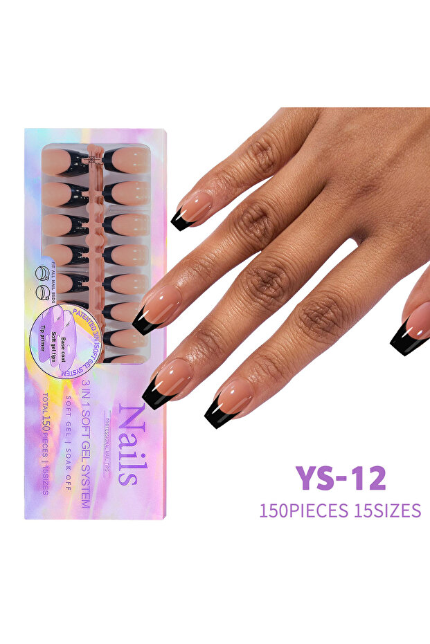 YS-12 150pcs/Boxed French Gel Tips Press On Nails Black Coffee Almond Nails 15 Sizes Pre-applied Fak