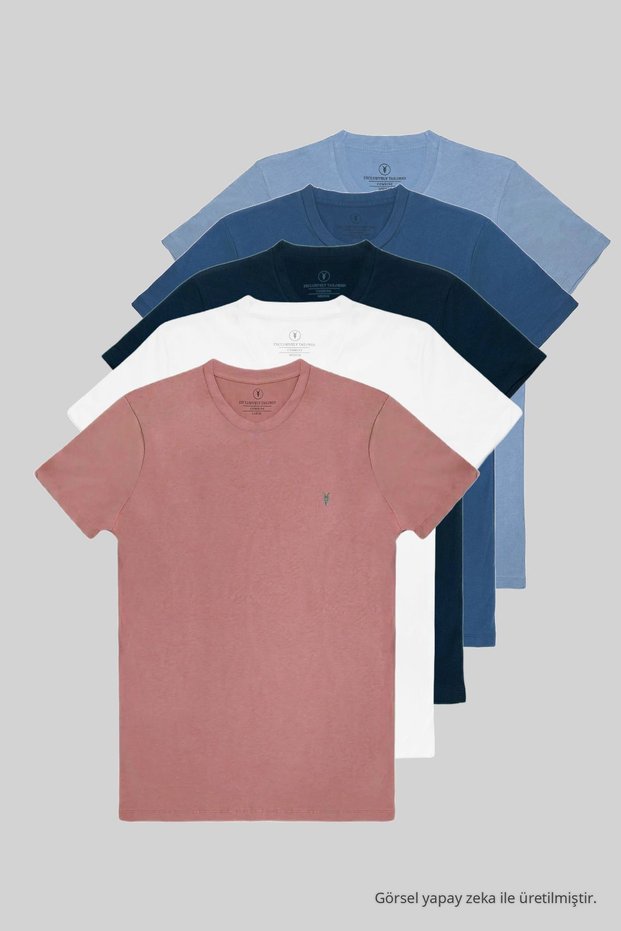 Men's 5-Pack Crew Neck 100% Cotton T-Shirt Ice Blue-Indigo-Navy Blue-White-Powder