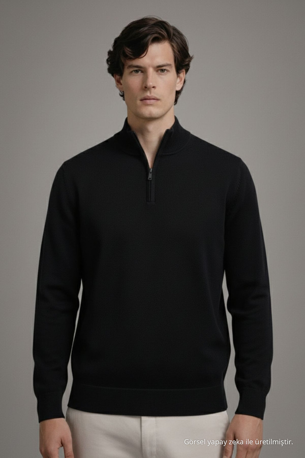 Men's Zippered Casual Black Knit Sweater