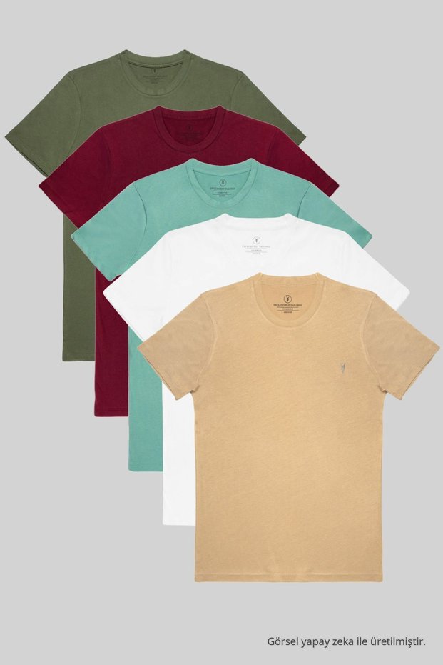 Men's 100% Cotton 5-Piece T-Shirt Pack Beige-White-Cagla-Burgundy-Khaki