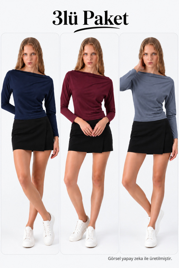 Women's Boat Neck Basic Slim Blouse 3-Piece Set