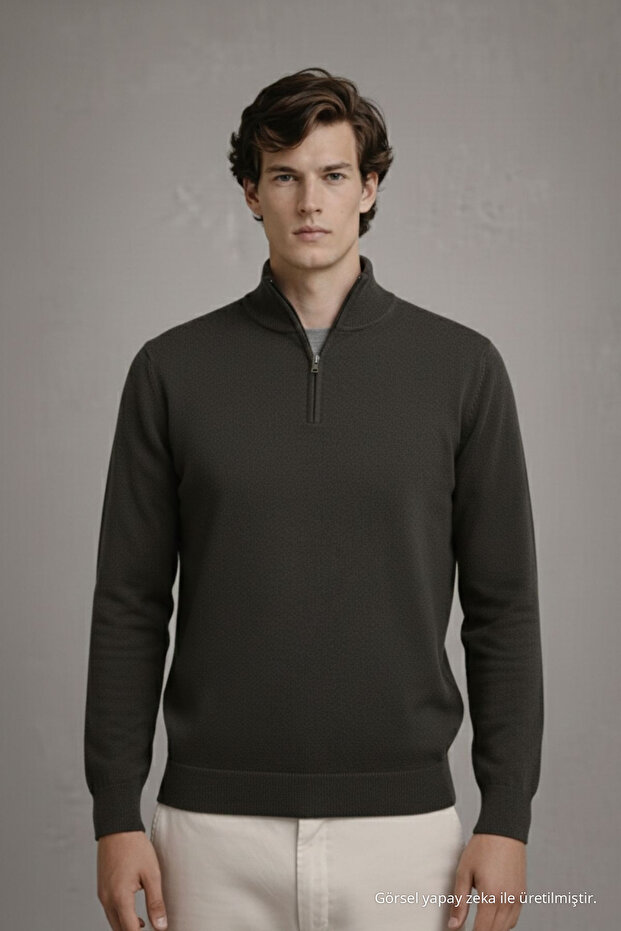Men's Zippered Casual Khaki Knit Sweater