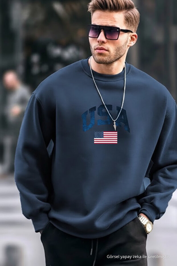 Men's Usa Print Comfort Navy Blue Sweatshirt