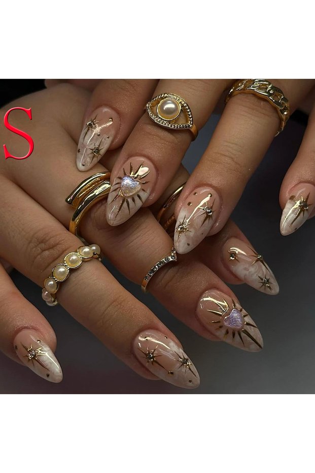 Gold 10PCS 3D Sun Star Gold Nail Almond Short Gold Charm Design Reusable Acrylic Fake Nails for Wome