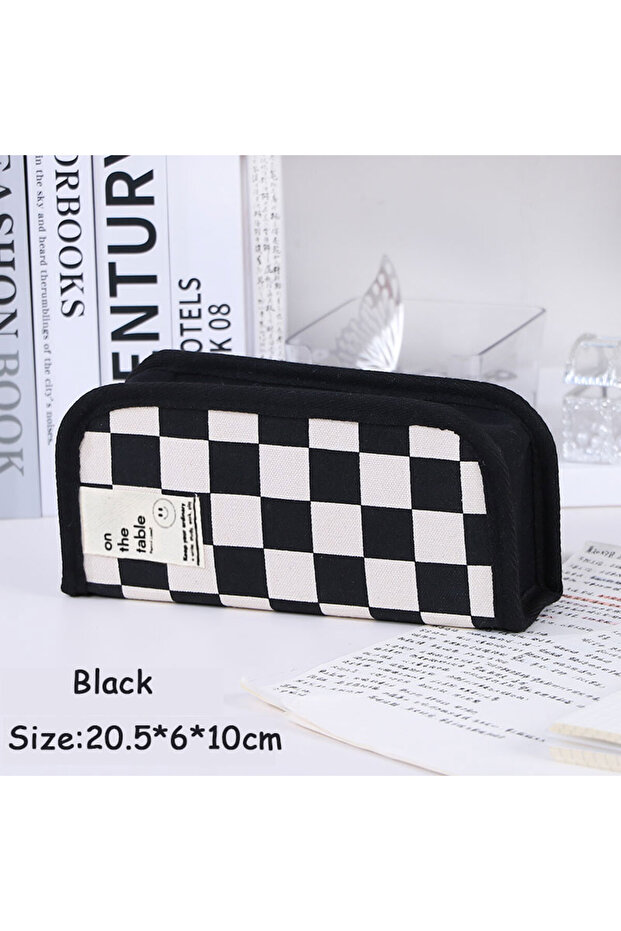 Black Simple Black and White Plaid Canvas Pencil Case School pencil case Kawaii Stationery Storage B
