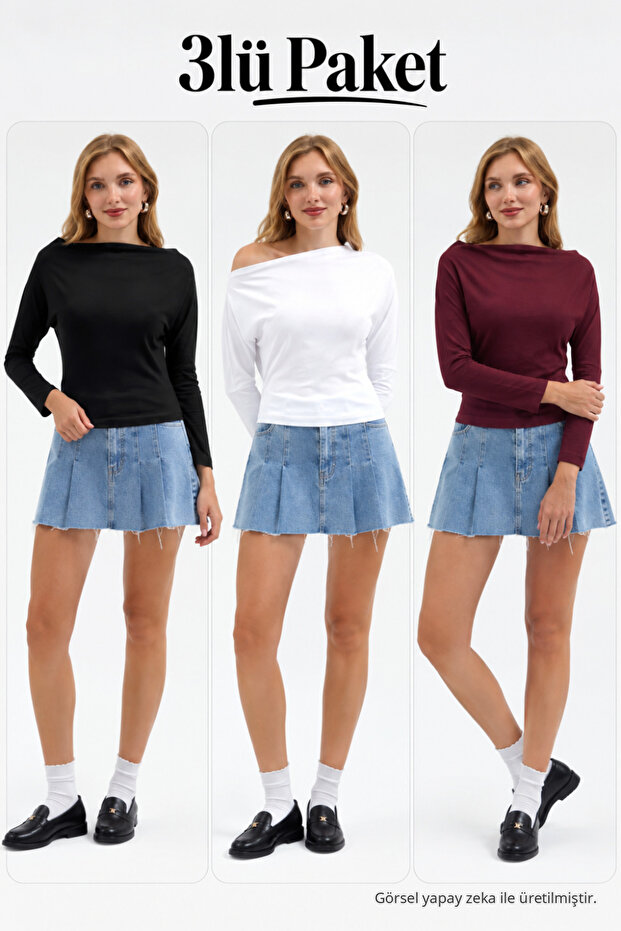 Women's Boat Neck Basic Slim 3-Piece Blouse