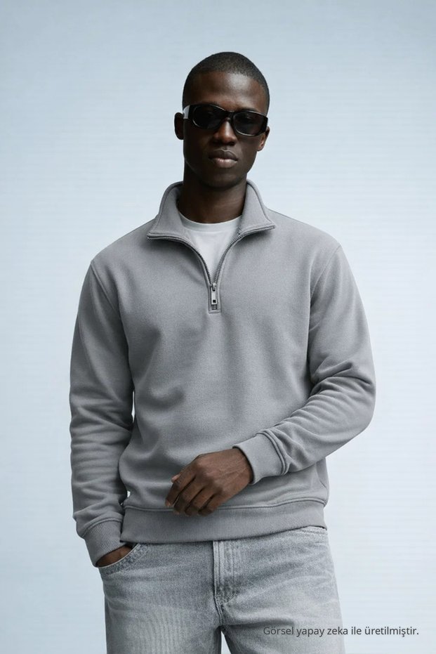 Men's Winter Knitted Collar Gray Sweatshirt