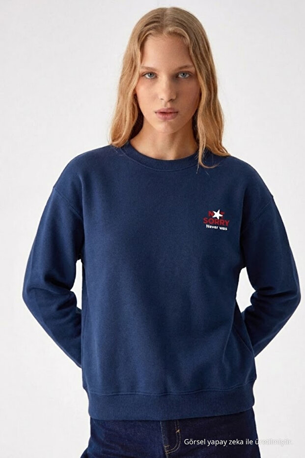 Women's Sorry Chest Print Navy Blue Sweatshirt