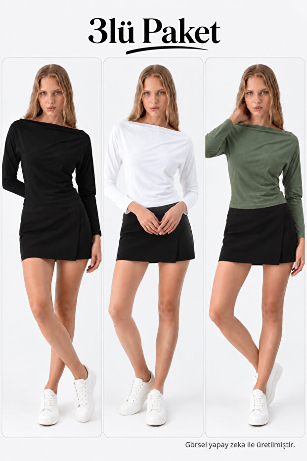 Women's Boat Neck Basic Slim Blouse 3-Piece Set