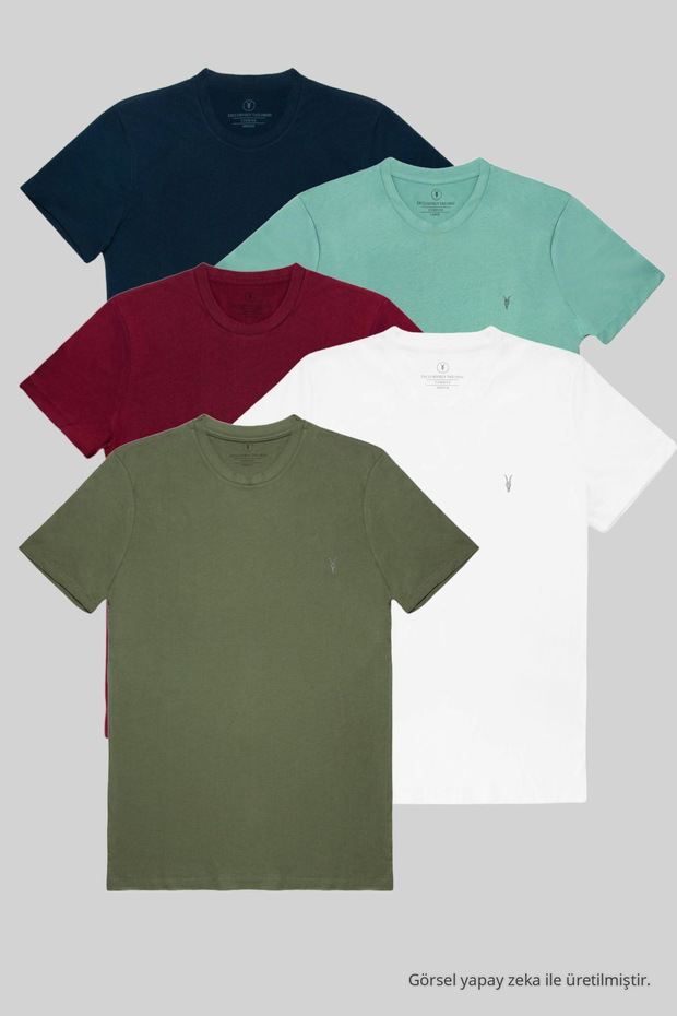 Men's 100% Cotton Standard Fit 5-Piece T-Shirt Navy Blue-Cagla-Burgundy-White-Khaki