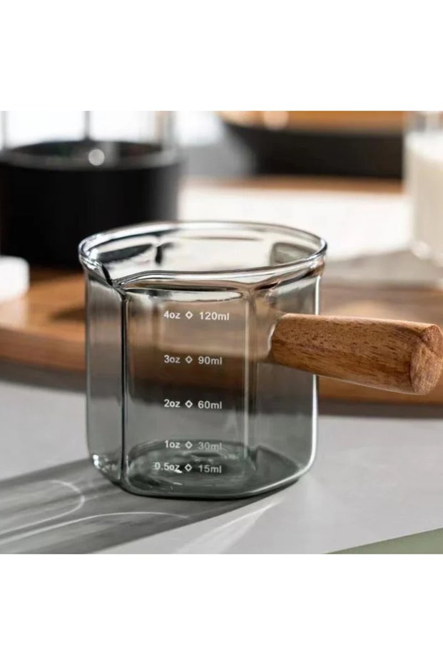 Light gray single 120ML Espresso Extraction Cups Glass Coffee Cup With Scale & Wooden Handle Single