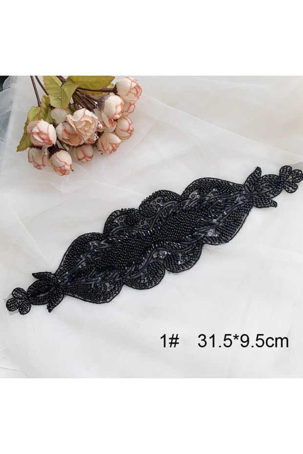 Black-1 1Pieces.Black Off White Beaded Lace Patch Applique. DIY Haute Couture Wedding Dress Accessor