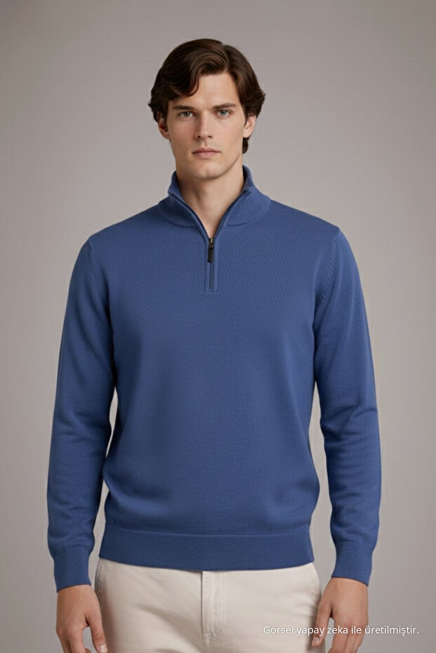 Men's Zippered Casual Blue Knit Sweater