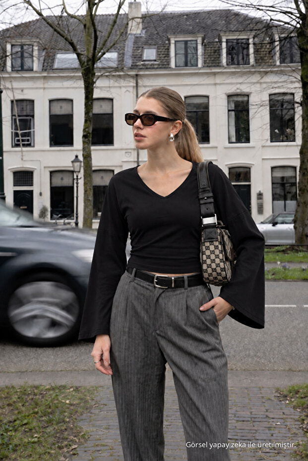 Women's Black V-Neck Beltless Cotton Blouse