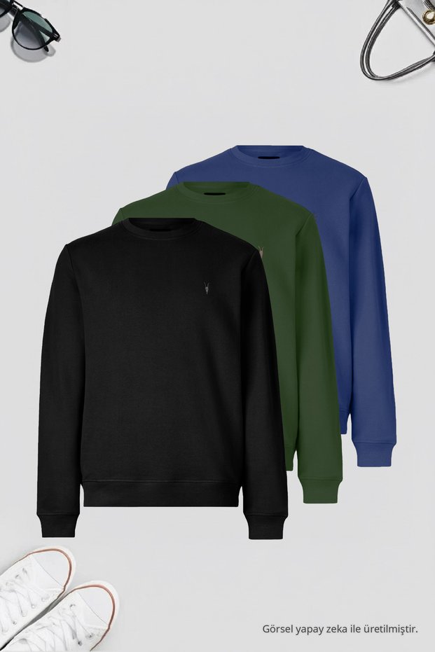 Men's 3-Pack Indigo-Khaki-Black Sweatshirt Basic Crew Neck