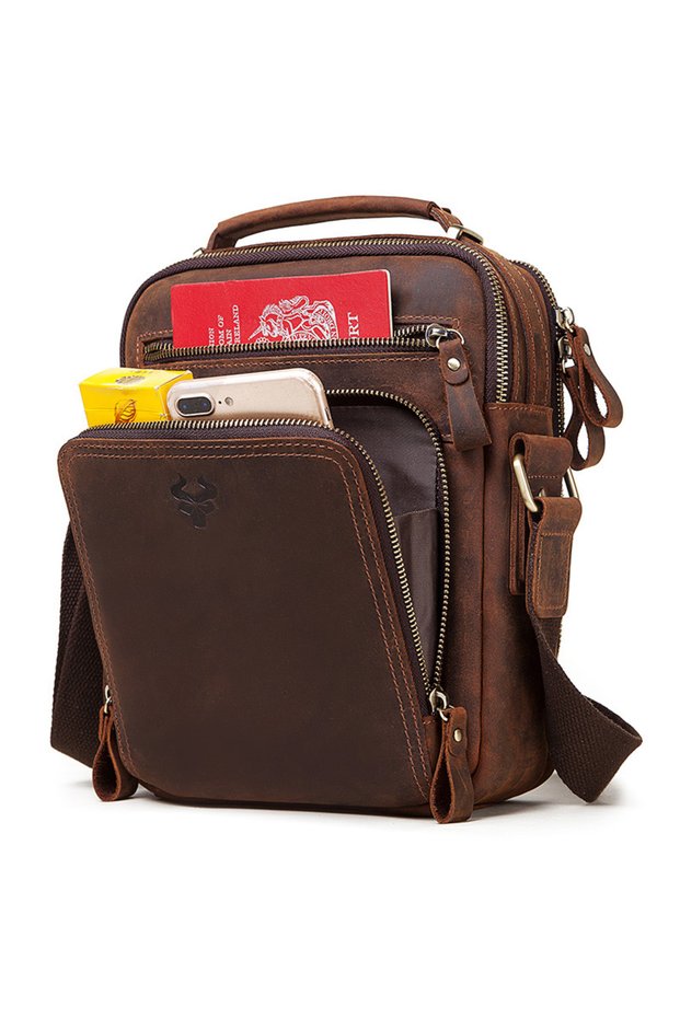 Coffee HUMERPAUL Genuine Leather Men's Shoulder Bag Vintage Cross Bags Large Capacity Male Messenger