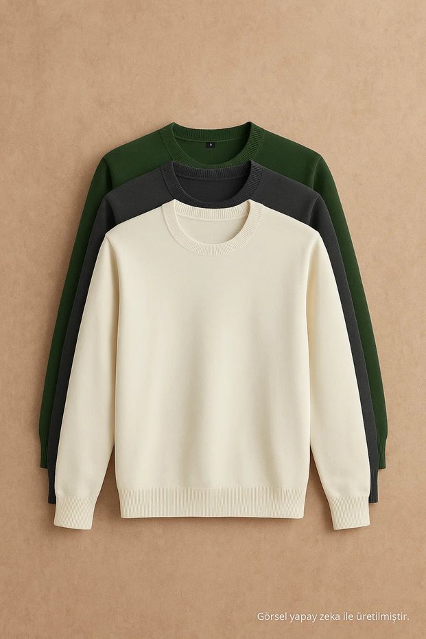 Herren Basic 3-teiliger Strickpullover mit Rundhalsausschnitt