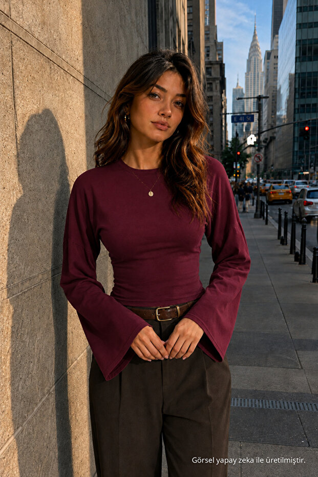 Women's Wing Sleeve Fit Textured Burgundy Blouse
