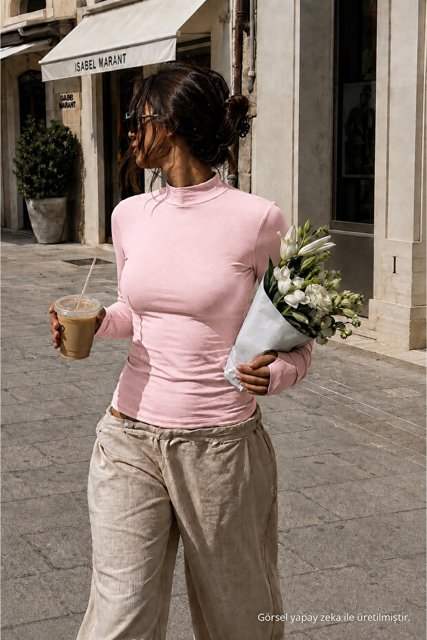 Women's Autumn Textured Body Line Pink Blouse