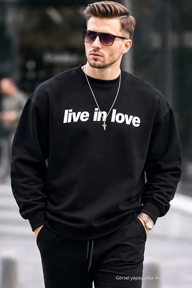 Written Design Cotton Casual Men's Black Sweatshirt