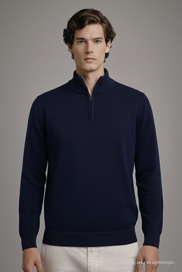 Men's Zippered Casual Navy Blue Knit Sweater
