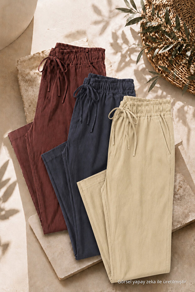 Men's 3-Piece Loose Linen Trousers with Elastic Waist