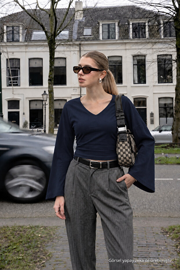 Women's Navy Blue V-Neck Beltless Cotton Blouse