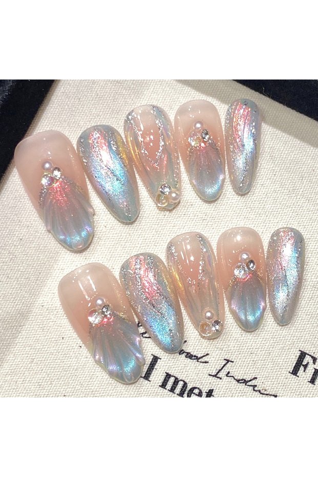 Almond M Handmade Press on Nails Shiny Aurora Mermaid Fake Nail Patches Wearable Detachable Glitter