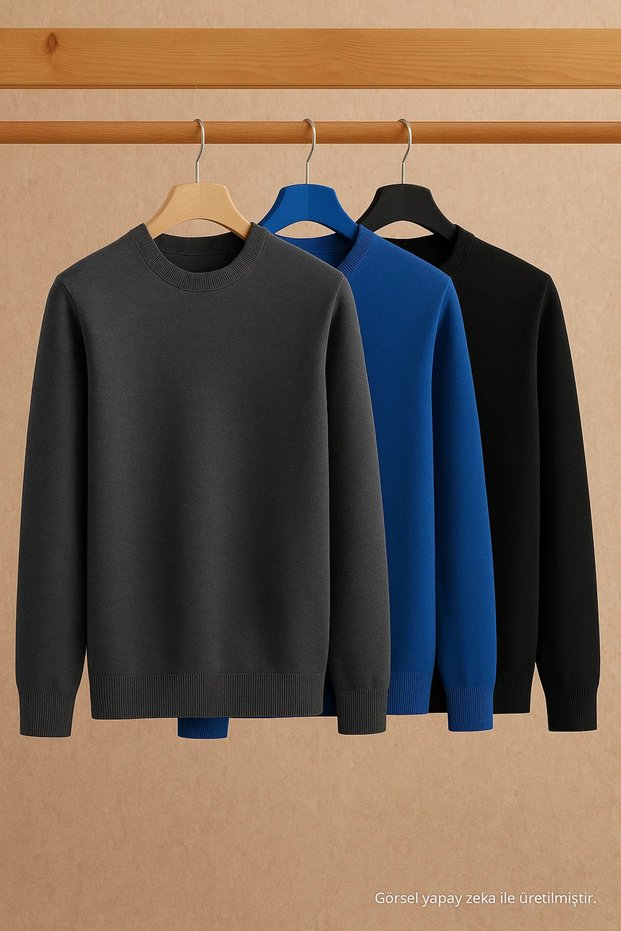 Herren Basic 3-teiliger Strickpullover mit Rundhalsausschnitt