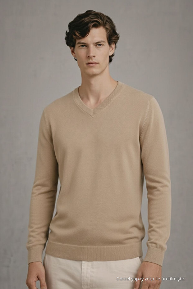 Men's Winter Loose Caramel V-Neck Knit Sweater