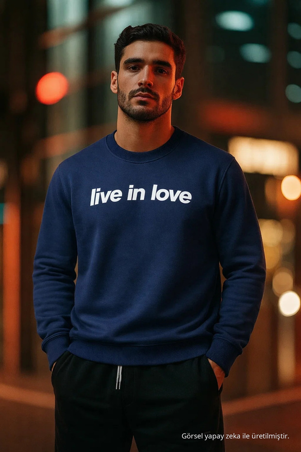 Men's Live İn Love Print Navy Blue Sweatshirt