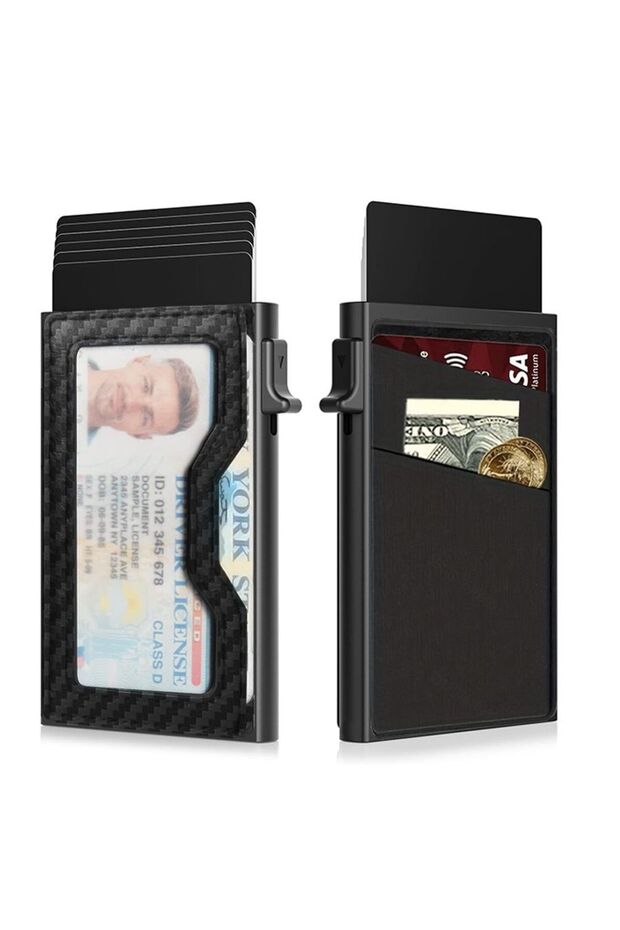 Fiber carbon black Anti Theft Ultra Aluminum Alloy Pop Up Metal Card Bag, Front Pocket H