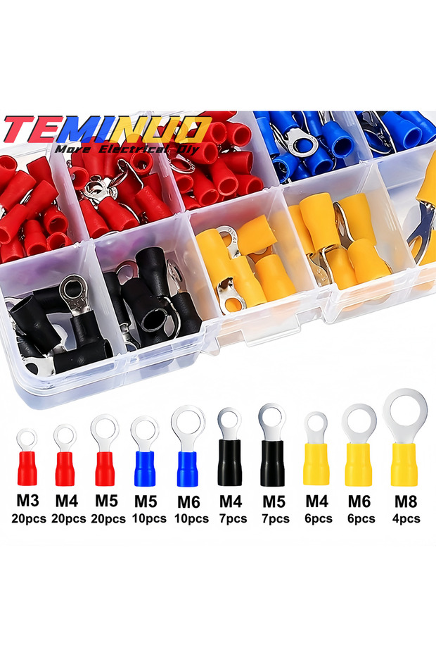 110pcs Mix In Box 220/110 pcs Ring Terminals Insulated O-Type Crimp Connectors, M3-M8 22-10 AWG Asso