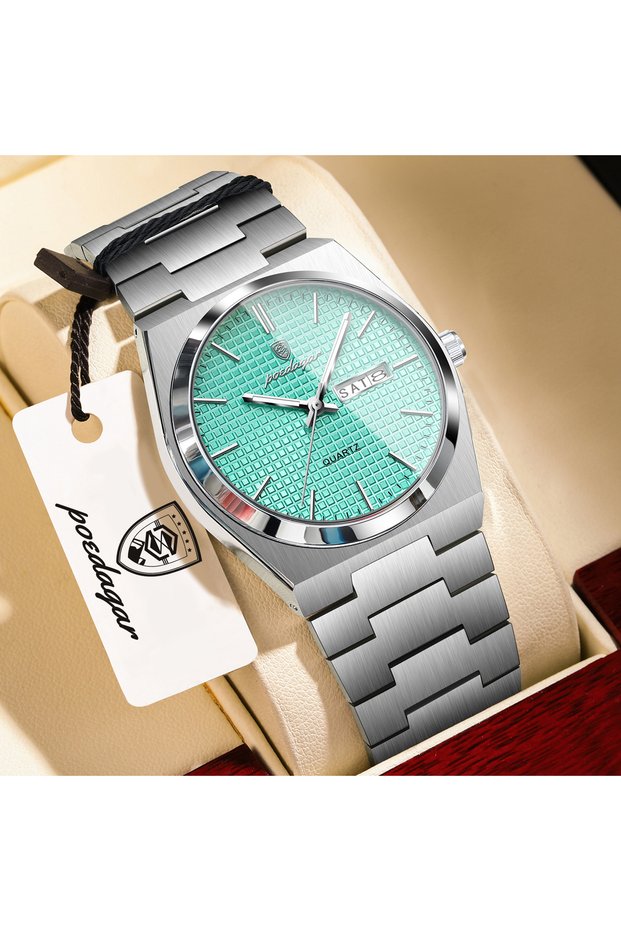 821 Silver MintBlue Top Business Man Watch Luminous Waterproof Stainless Steel Men Wristwatch Date