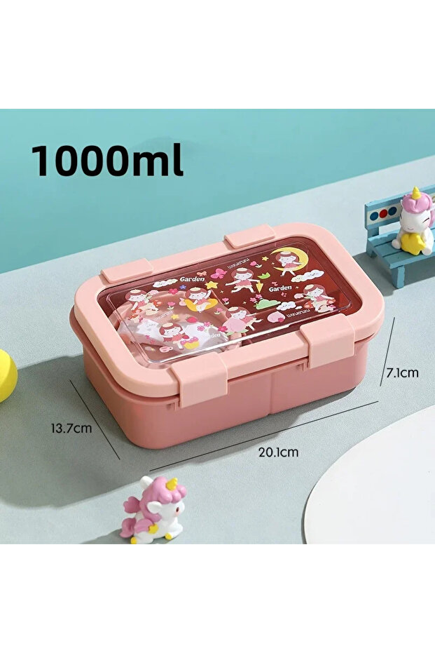 Pink-PP-1000ml 1000/1350ml Cartoon Lunch Box with Soup Bowl Bento Box Buckle Design Sealed and Leak-