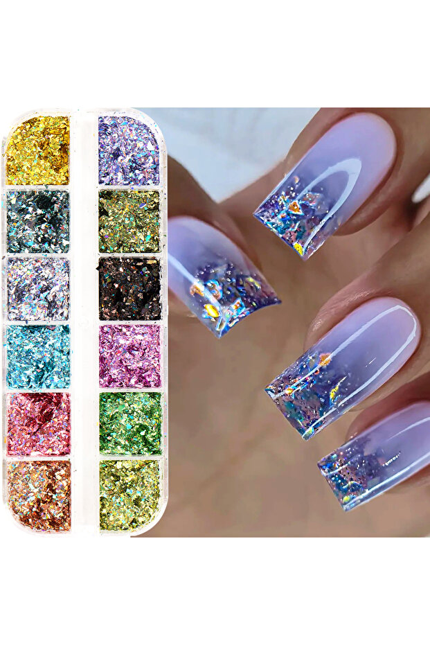 F-217 12 Grids Holographic Glitter Nail Art Sequins Sparkly Irregular Nail Flakes Powder Nail Art Me