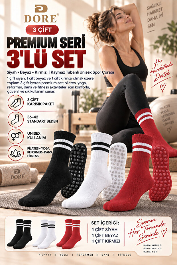 Original 3 Pairs of Non-Slip Soled Pilates Yoga Reformer Dance Fitness Activity Sports Socks Ultra Safe Non-Slip Sole Cotton Flexible Comfortable Set of 3 - Unisex Standard Size 36-42 | Black White Red